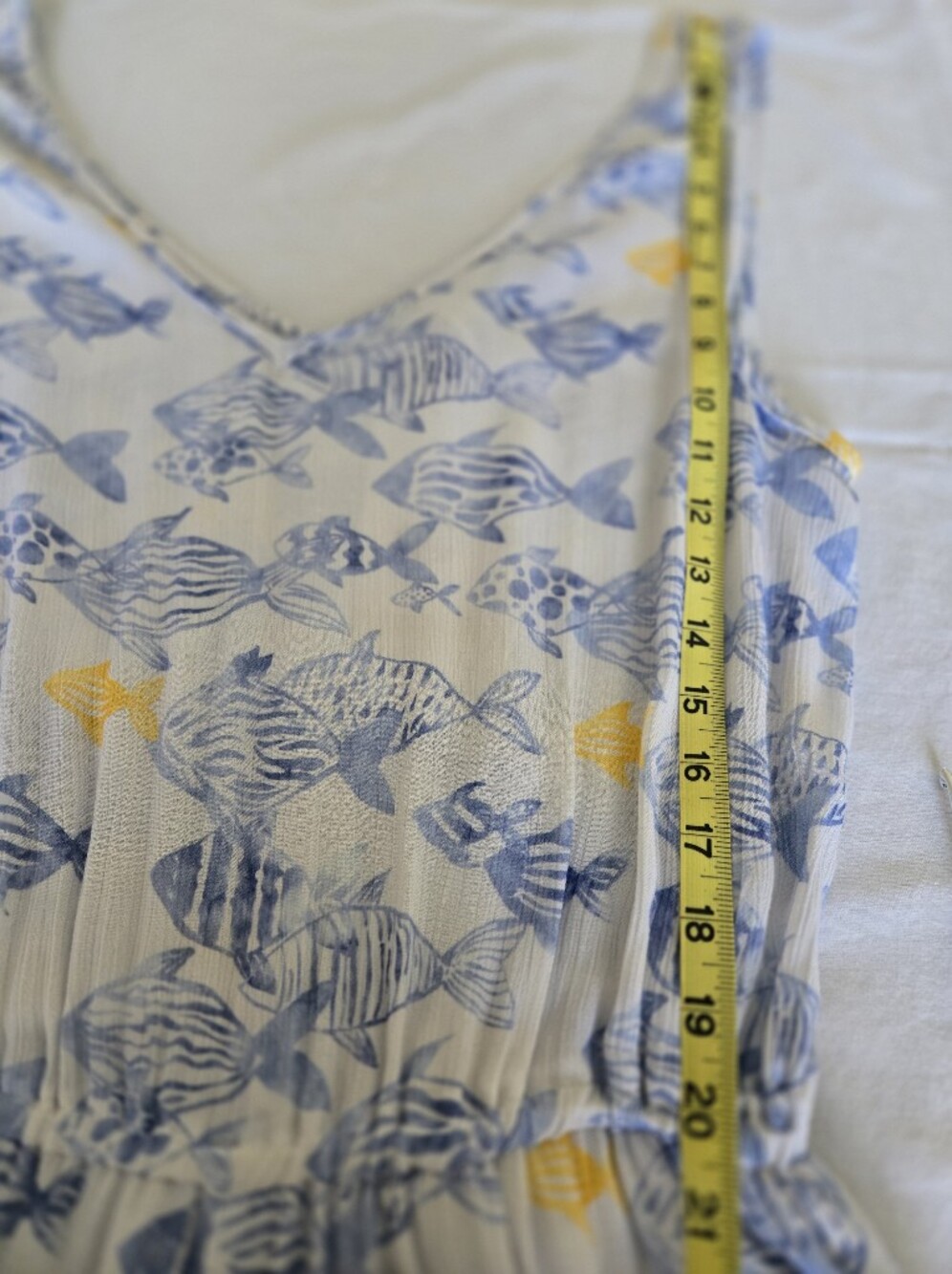 Sleeveless Blue & White Fish-Print V-Neck Jumpsuit with Tie Waist - Picture 12 of 16